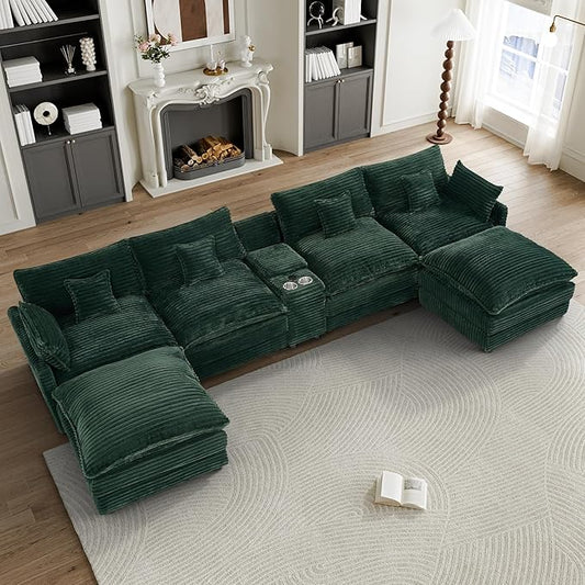 HYJT-H&K 145" U Shaped Cloud Couch Modular Green Sectional Couches for Living Room, Comfy Fluffy Corduroy Oversized Cloud Sectional Couch Large 6 Seat Sectionals Sofa Set Central Console USB Port