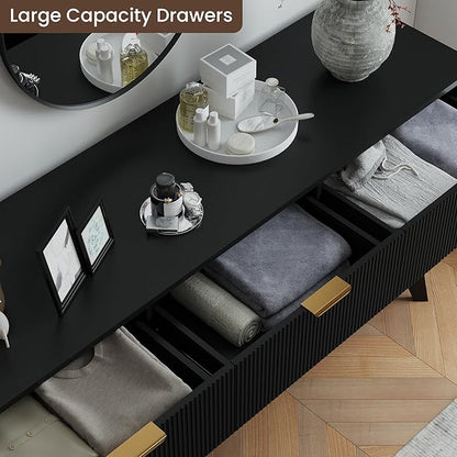 SUNWAVE Fluted 9 Drawer Dresser for Bedroom, 59.1" Wide Modern Large Dresser with Round Corner, Wood Drawer TV Stand for Living Room