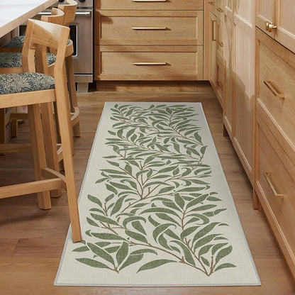 RUGGABLE x Morris & Co Machine Washable Runner Rug – Pure Willow Boughs Green 2.5x10, Stain-Resistant, Non-Slip – Washable Rug for Hallway, Entryway, Living Room & Kitchen–with Cushioned Pad