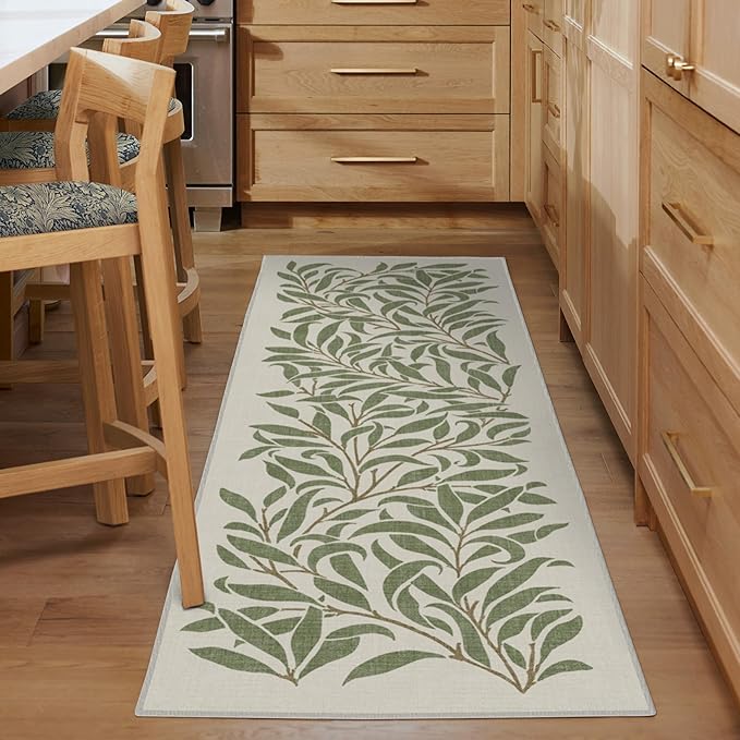 RUGGABLE x Morris & Co Machine Washable Runner Rug – Pure Willow Boughs Green 2.5x7, Stain-Resistant, Non-Slip – Washable Rug for Hallway, Entryway, Living Room & Kitchen–with Standard Pad