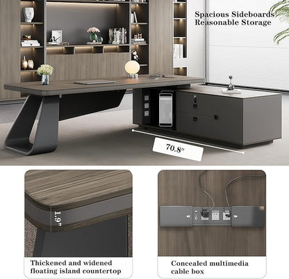L Shaped Executive Desk, 78.7 inch Large Executive Computer Desk Set Drawers and Lockable, Power Socket and USB Port Storage, Without Display Racks and Bookshelves
