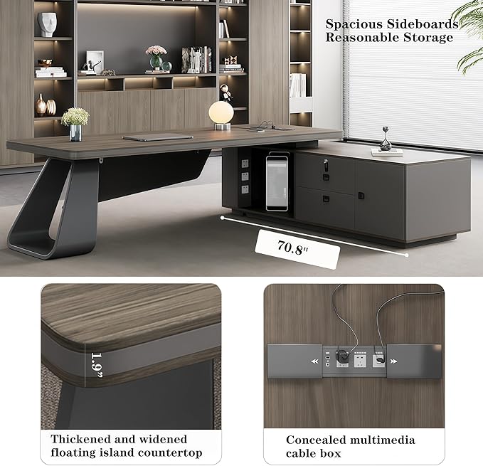 L Shaped Executive Desk, 110.2 inch Large Executive Computer Desk Set Drawers and Lockable, Power Socket and USB Port Storage, Without Display Racks and Bookshelves