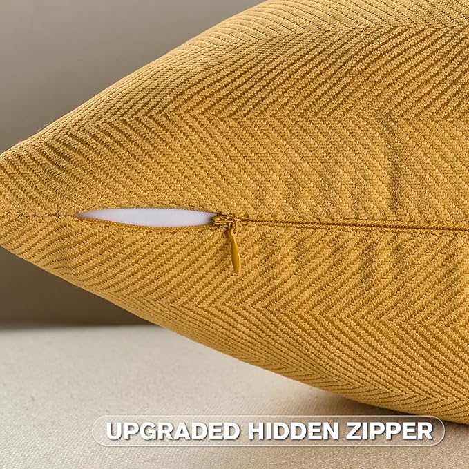 FUTEI Mustard Yellow Chenille Throw Pillow Covers 16x16 Inch Set of 2,Soft Wide Chevron Textured Cushion Case,Farmhouse Home Decor for Couch Bed Living Room