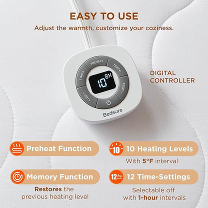 Bedsure Waterproof Heated Mattress Pad Twin - Cotton Bed Warmer with Memory & Preheat Functions, 10 Heat Settings & 12 Hour Shut Off, Single Controller, Electric Mattress Pad Twin, 39"x75"