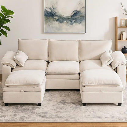 100" L Shaped Modular Sectional Sofa, Couch with Ottoman Storage, Chenille Cloud Couch with Plush Deep Seating for Living Room, Bedroom (Beige, 4 Seat)