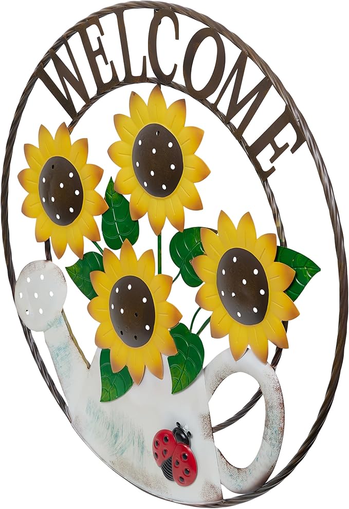 Alpine Corporation SCC580L Round Sunflowers Welcome Wall Decoration, Sign for Entryways, 30" H