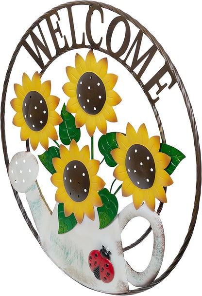 Alpine Corporation SCC580L Round Sunflowers Welcome Wall Decoration, Sign for Entryways, 30" H