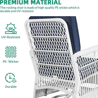 VIVIJASON 5-Piece Outdoor Patio White Wicker Conversation Sets, All Weather Outdoor Rattan Furniture Set Includes Glider Loveseat, 2 Coffee Table, 2 Swivel-Gliders Chairs with Cushions, Navy Blue