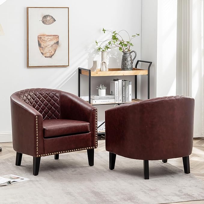 KINWELL 29" W Faux Leather Barrel Chairs Set of 2, Modern PU Upholstered Tufted Club Chairs with Nailhead Trim, Small Armchairs Accent Chairs for Living Room Bedroom Apartment Lounge Nursery, Red