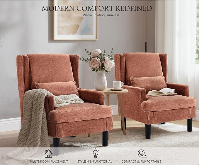 Accent Chair for Living Room Chairs Upholstered Oversized Reading Chair Armchair Accent Chairs Set of 2 Living Room Chair with High Back and Wood Legs,Arm Chair Comfy Chair for Bedroom(Orange red)