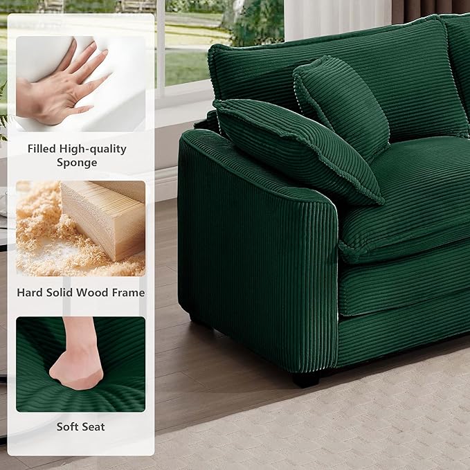mikibama Luxury 3 Piece Sofa Set, 3-Seater & 2 Single Sofa Set, Modern Corduroy Comfy Cloud Couches Set for Living Room Office with 2 Armrest Pillows and 5 Toss Pillows, Green