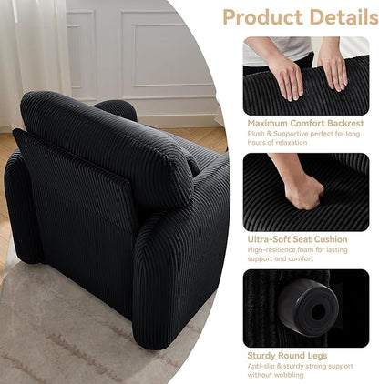 Corduroy Fabric Accent Chairs Set of 2, Modern Upholstered Living Room Chairs with Lumbar Pillow, Wide Comfy Leisure Armchair for Bedroom, Office, Reading, Black