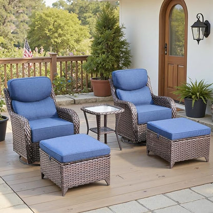 Belord Luxury 6" Thick Cushioned 5 Pieces Patio Furniture Set with 2 Ottomans, Wicker Outdoor Conversation Set with High Back Swivel Rocker Patio Chairs for Deck Porch Yard and Poolside - Brown+Blue