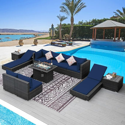 NICESOUL 11 Piece Patio Furniture Set with Fireplace Gas/Propane, 29.3'' High Back Comfortable Rattan Sofa Set w/Chaise Lounge, XL Large Wide Deep Outdoor Sectionals, 2 Color Cushion Navy Blue&Grey