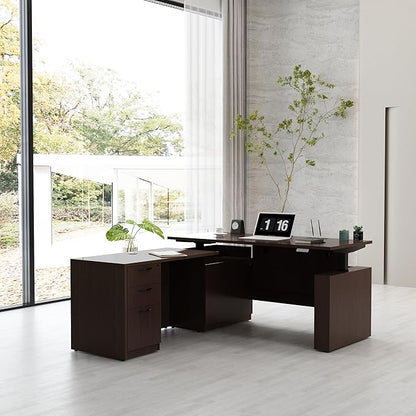 66.93'' Height Adjustable L-Shaped Executive Desk with Drawers and Shelves (Espresso)