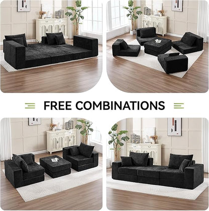 79" Boneless Cloud Loveseat Sofa Couch, Modular Foldable Floor Sofa with Ottoman, Chenille Lounge Convertible Sofa Bed for Living Room, No Assembly, Black