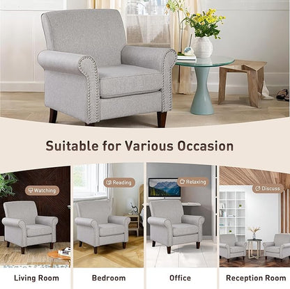 Prilinex Upholstered Living Room Chair - Large Comfy Fabric Accent Chair Single Sofa with Cushion, Rolled Armrest & Nailhead Trim, Mid Century Modern Armchair for Bedroom, Office, Grey