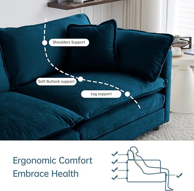 Modular Sectional Sofa, 111.5 Inch L-Shaped Cloud Sofa with Deep Seat Chenille Sofa with Cushions, Three-Self Sectional Sofa for Living Room Apartment,Blue