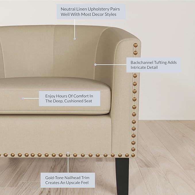 BELLEZE Accent Barrel Chair, Modern Tub Club Chair Upholstered Armchair with Gold Nail Head Trim and Black Legs for Living Room Bedroom Apartment Lounge - Beige/Linen