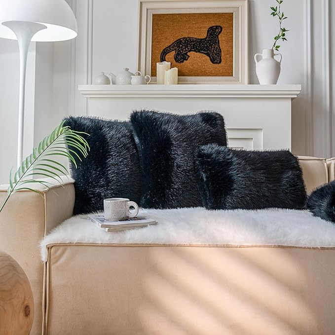 Neelvin Black Faux Fur Cozy Fluffy Double-Sided Decorative Throw Pillow Covers 24x24 inch Set of 2,Velvet Pillowcase Cushion Case for Sofa Couch