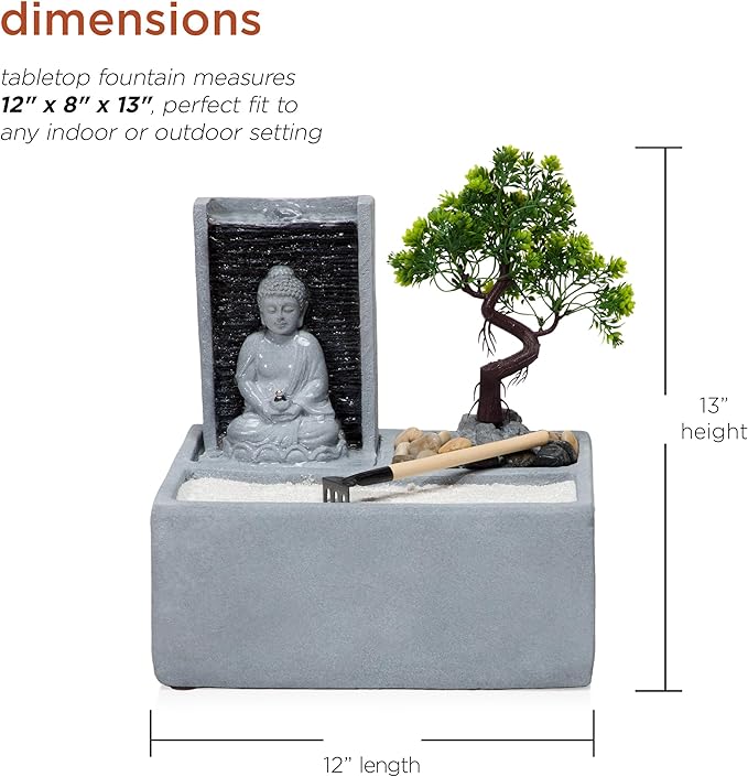 Alpine Corporation DIG278 13" Indoor/Outdoor Tabletop Fountain with LED Lights, Buddha Bonsai Garden Water Feature for Home, Patio & Desk Décor, Gray