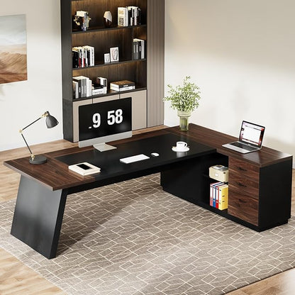 Tribesigns L-Shaped Executive Desk, 78-Inch Large Office Desk with Drawers and Lateral File Cabinet, Modern Business Furniture with Storage Shelves, Workstation for Home Office (Walnut + Black)