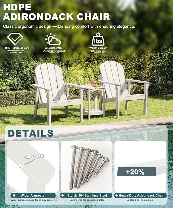 Adirondack Chair Set of 6, All Weather HDPE Fire Pit Chairs, Oversized Plastic Adirondack Chair for Outdoor, Balcony, Deck, Backyard, Patio, Garden, Poolside, Lawn White