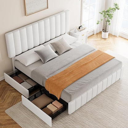 Garvee Queen Size Bed Frame with 4 Storage Drawers, Adjustable Height Headboard, Linen Upholstered Platform Bed Frame, No Box Spring Needed, Easy Assembly, White