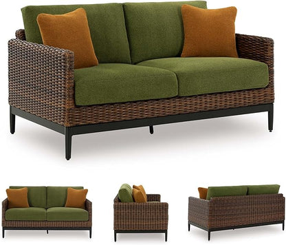 Signature Design by Ashley Horizon Hall Vintage Outdoor Nuvella Weather Resistant Fabric, Resin Wicker Loveseat with Cushion and 2 Accent Pillows, Green & Dark Brown