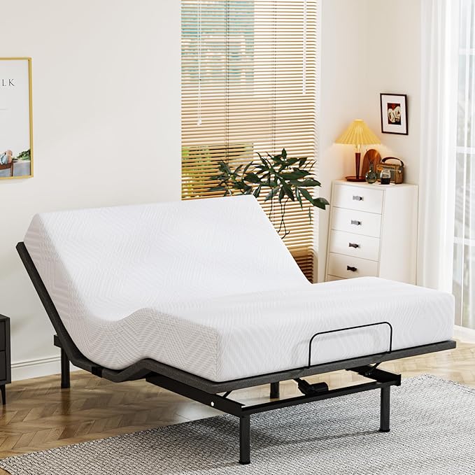 Twin XL Adjustable Bed Base Frame with Wireless Remote + 10 Inch Twin XL Green Tea Gel Memory Foam Mattress Bed in a Box, Head and Foot Incline, Zero Gravity, Fiberglass Free, 80" x 38"