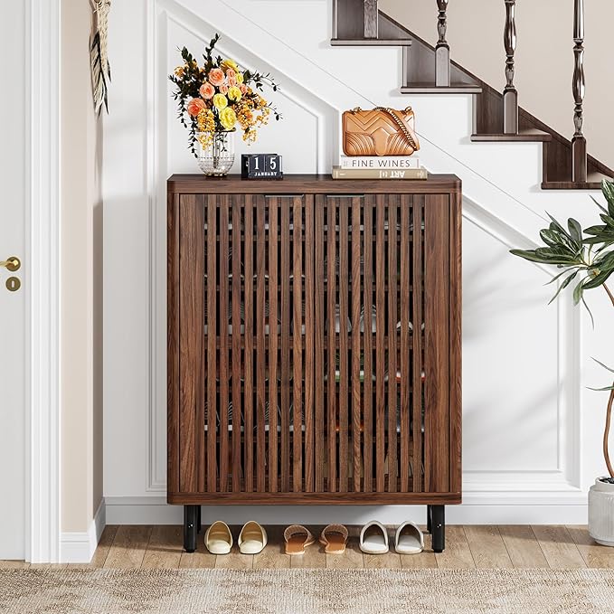 Tribesigns 6-Tier Shoe Cabinet with Shutter Doors, Large Wooden Shoe Organizer Rack with Adjustable Shelves, Modern Farmhouse Hidden Storage Furniture for Entryway, Hallway (Walnut)