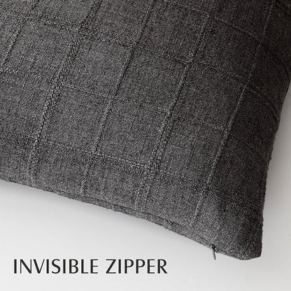 Foindtower Set of 2 Decorative Linen Check Throw Pillow Covers Neutral Farmhouse Vintage Cushion Covers Modern Boho Home Decor for Sofa Chair Couch Bedroom Living Room,24×24 Inch,Charcoal