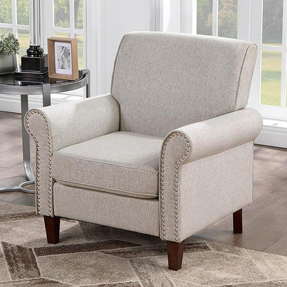 Prilinex Upholstered Living Room Chair Set of 2 - Large Comfy Fabric Accent Chair Single Sofa with Cushion, Rolled Armrest & Nailhead Trim, Mid Century Farmhouse Armchair for Bedroom, Office, Beige