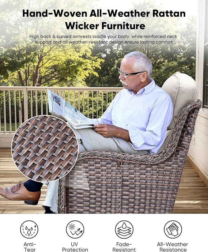 7-Piece Outdoor Wicker Patio Furniture Set with Swivel Glider Chairs, 3-Seat Sofa, Coffee Table & Ottomans 5” Olefin Cushions Ergonomic Neck-Lumbar Backrest All-Weather Rattan for Garden, Deck, Porch