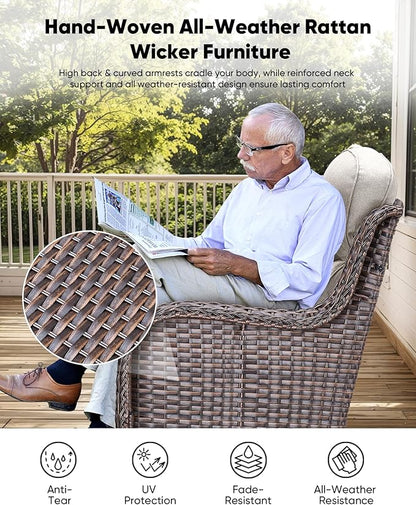 7-Piece Outdoor Wicker Patio Furniture Set with Swivel Glider Chairs,Loveseat, Coffee Table & Ottomans 5” Olefin Cushions Ergonomic Neck-Lumbar Backrest All-Weather Rattan for Garden, Deck, Porch
