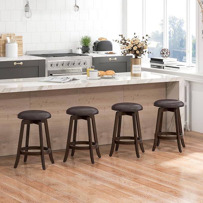 COSTWAY 24-Inch Swivel Bar Stools Set of 4, Upholstered Barstools w/PU Leather Seat & Solid Rubber Wood Legs, Mid-Century Backless Round Counter Height Stools w/Footrest for Kitchen Home Bar