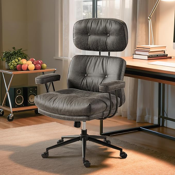 Home Office Desk Chair, Mid-Century Modern Office Chair with Adjustable Lumbar Support, Thickened Cushion Executive Desk Chair with 360 Rolling Swivel for Meeting Game Study Room(Dark Grey)