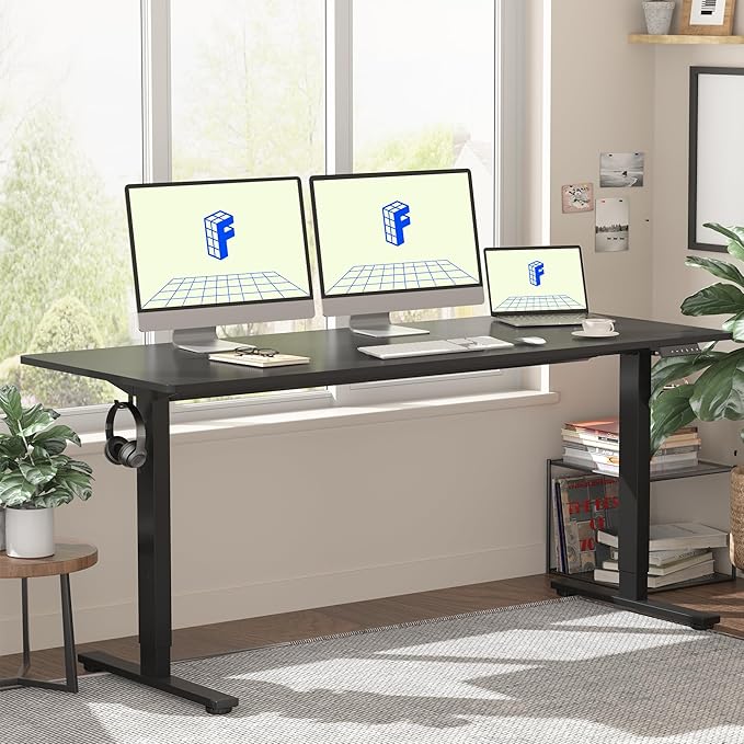 FLEXISPOT EN1 Whole Piece Standing Desk, 60 x 24 Inches Height Adjustable Desk Electric Sit Stand Desk for Home Office (Black Frame + 60" Black Desktop, 2 Packages)