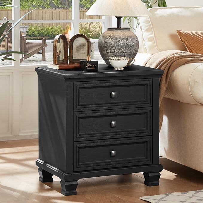 Farmhouse Bedroom Dresser and Nightstand Set of 4, 6 Drawer Tall & Low Dresser & 3 Drawer Nightstand Set with Wooden Legs, Rustic Wood Bedroom Furniture Sets for Livingroom, Hallway, Black