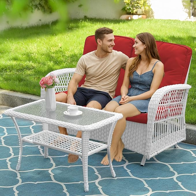 VIVIJASON 2-Piece Patio White Wicker Loveseat Glider Set Cushioned, Outdoor Conversation Furniture Sets with 2-Seater Glider Rocking Bench, Coffee Table and Cushions for Porch Garden Poolside, Red