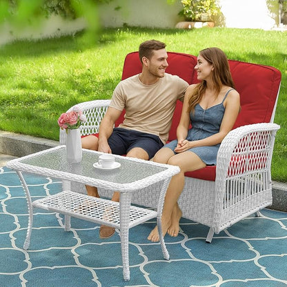 VIVIJASON 2-Piece Patio White Wicker Loveseat Glider Set Cushioned, Outdoor Conversation Furniture Sets with 2-Seater Glider Rocking Bench, Coffee Table and Cushions for Porch Garden Poolside, Red