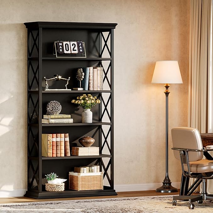 Tribesigns 71-Inch Tall Bookcase, 5-Tier Industrial Metal Bookshelf, Large Etagere Bookcases and Bookshelves, Freestanding Display Shelves for Living Room, Bedroom, Black