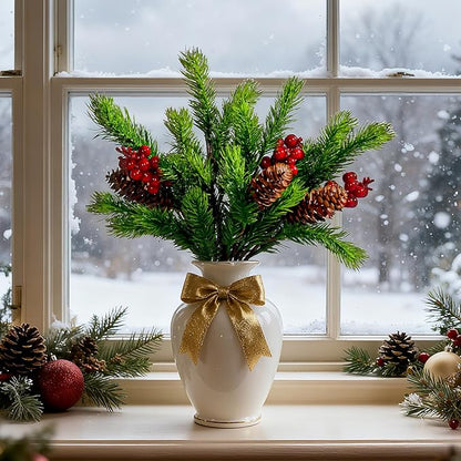 8PCS Artificial Pine Branches with Red Berry Pine Cones Artificial Needles Branches Greenery Stems Fake Greenery Floral Arrangements