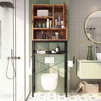AWQM Over The Toilet Storage Cabinet, Bathroom Cabinet Organizer with Adjustable Shelf, Freestanding Space Saver Toilet Stands with Door, Paper Hook, Multifunctional Bathroom Toilet Rack, Rustic Brown