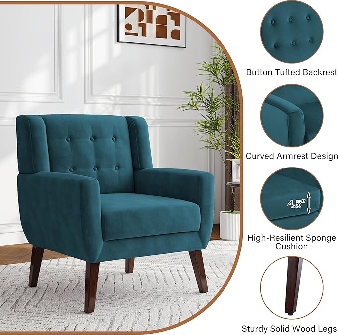 Lumibee Accent Chairs Set of 2, Velevet Fabric Armchairs for Living Room, Comfy Upholstered Arm Chairs Tufted for Indoor Bedroom Office Room (Blue Velvet)