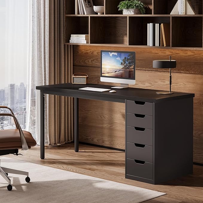 Tribesigns Modern Simple Computer Desk, 47 Inches PC Desk with 5 Reversible Drawers, Rustic Brown Study Writing Table Workstation for Home Office Small Spaces (Black)