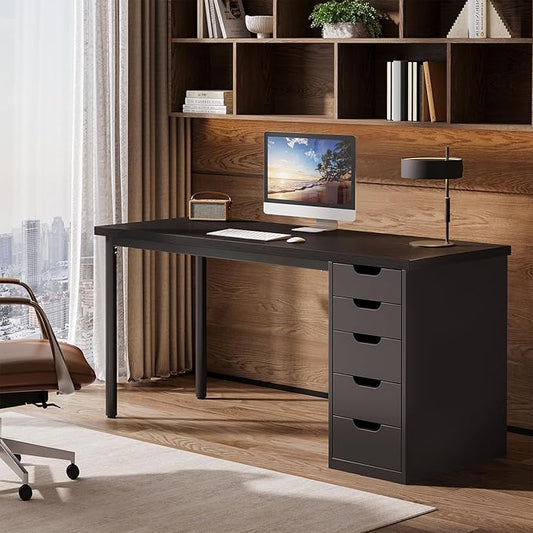 Tribesigns Modern Simple Computer Desk, 47 Inches PC Desk with 5 Reversible Drawers, Rustic Brown Study Writing Table Workstation for Home Office Small Spaces (Black)