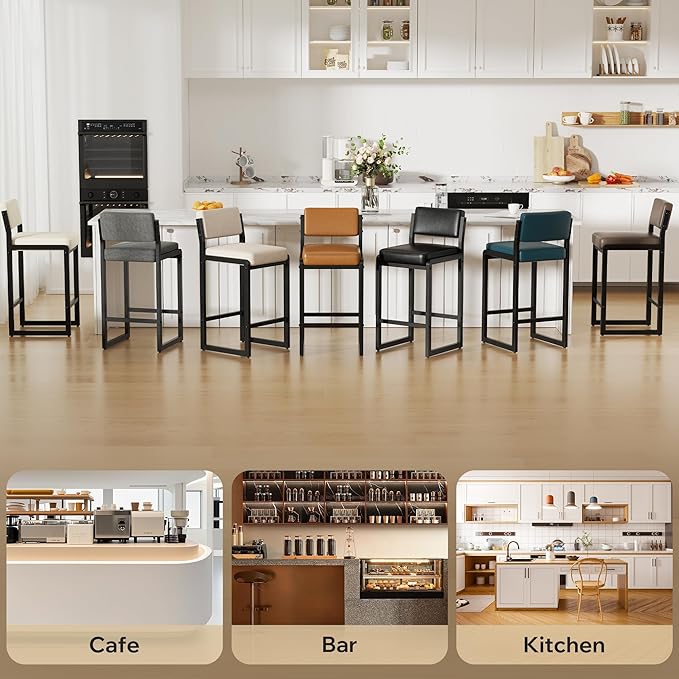 Bar Stools Set of 6, Fabric Counter Height Bar Stools with High Back and Metal Legs, Upholstered Bar Chairs, 26" Modern Barstools for Kitchen Island, Beige