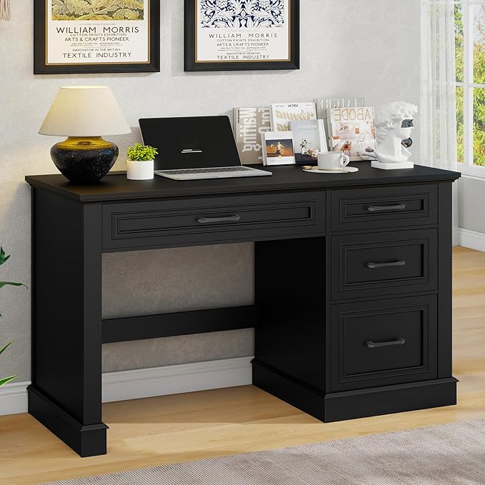 Vabches Farmhouse 47" Executive Desk, Computer Desk with Drawers and File Drawer, Workstation Computer Desk with Charging Station for Home Office, Study,Pure Black.