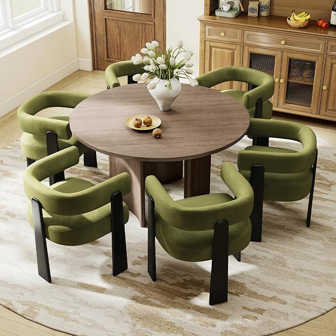 Modern Dining Chairs Set of 6, Upholstered Velvet Barrel Accent Chairs with Backrest & Arms, Wide and Thicker Padded Kitchen Side Chair with Wooden Legs for Dining Room, Livingroom, Dark Green